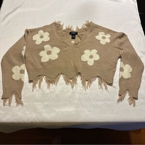 Distressed Floral Cropped Sweater - Tan with Cream Flowers